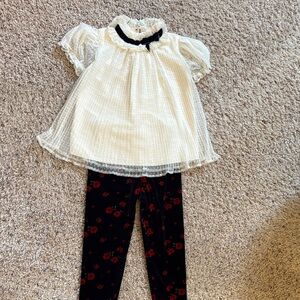 Girls Cream Overlay Top and Navy/Red Velvet Floral Leggings Set